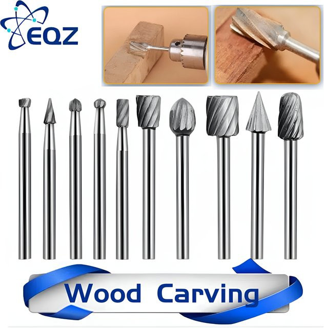 EQZ 10er Set HSS Titan Fräser und Rotationswerkzeuge für Dremel zum Schnitzen und Fräsen in Holz, Silber - Bild 1