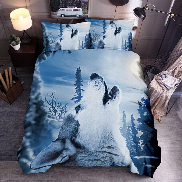 Binchi Outdoor Product Bettwäscheset Wolf 3D-Druck Blau, 3-teilig, B/H: 150 x 200 cm - Bild 1