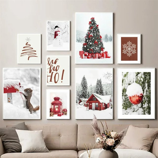 Vintage Leinwand Wandkunst von Potdemiel mit Weihnachtsbaum und Auto in Rot - Bild 1