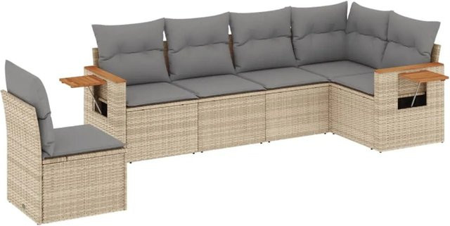vidaXL 6-tlg Garten-Sofagarnitur in L-Form aus Poly-Rattan und Akazienholz mit Kissen in Beige - Bild 1