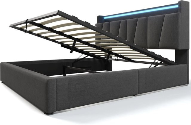 Merax Polsterbett mit LED-Unterbettbeleuchtung, USB-Anschluss und Stauraum in Grau, B/T/H: 140 x 200 x 105 cm (Maße basierend auf den bereitgestellten Daten für Breite/Länge/Höhe) - Bild 1