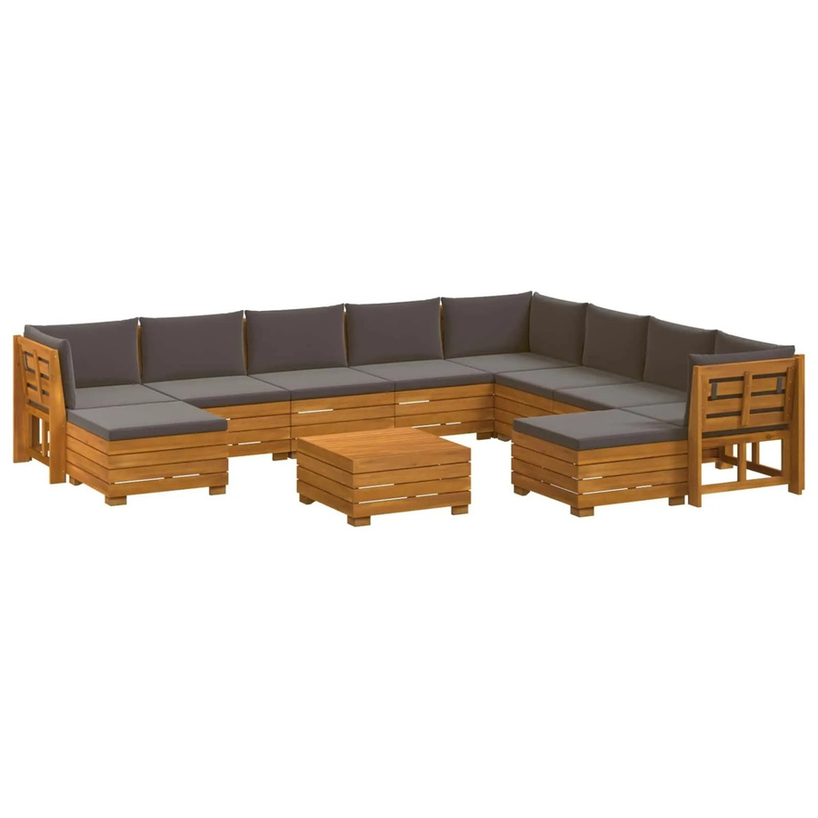 vidaXL Outdoor-Sofagarnitur aus Massivholz Akazie in U-Form, 11-teiliges Set in Braun mit dunkelgrauen Polstern - Bild 2