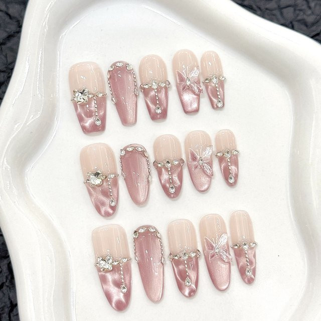 YADORNOS Kunstnägel, rosa Schmetterlings-Design, glitzernd, 10 Stück - Bild 1