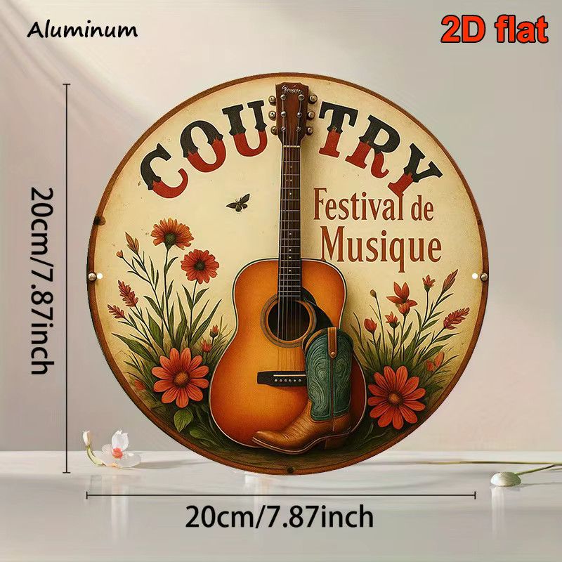 Rundes Metallschild von Potdemiel im Vintage-Design mit Westernstiefeln, Gitarre und Cowgirl-Hut für deine Country-Musik-Deko - Bild 2