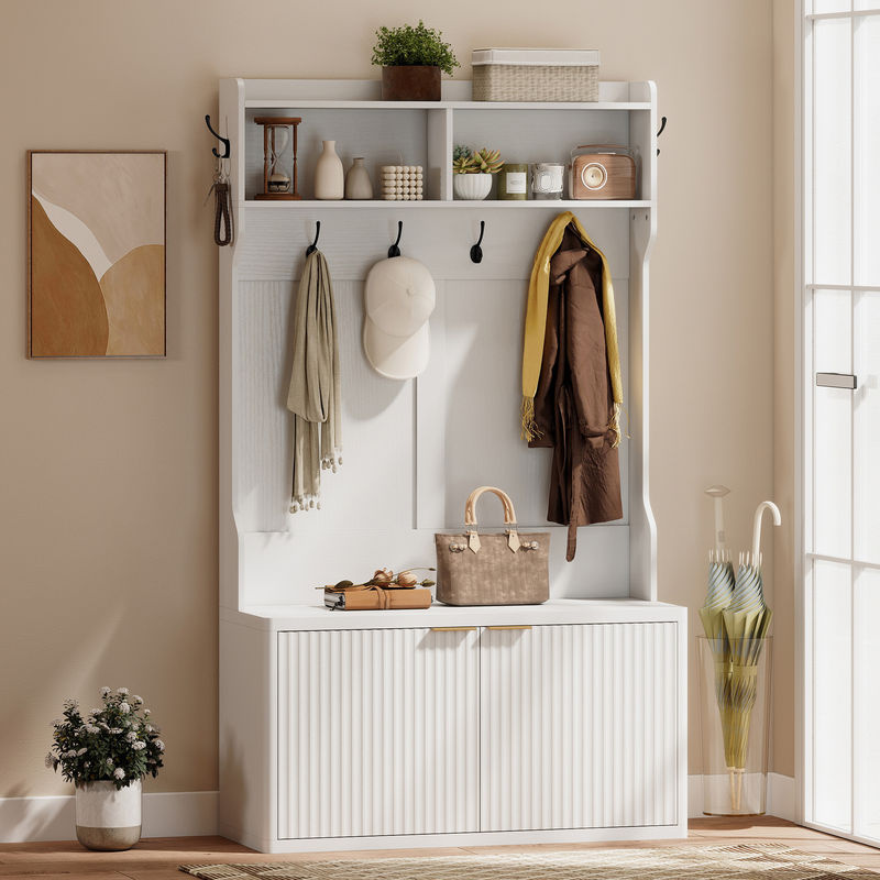 Aosom Garderobe mit Schuhaufbewahrung und 6 Haken in Weiß, moderner Flurtreer mit 2 Türen und offenen Regalen, B/T/H: 100 x 38 x 172 cm - Bild 2
