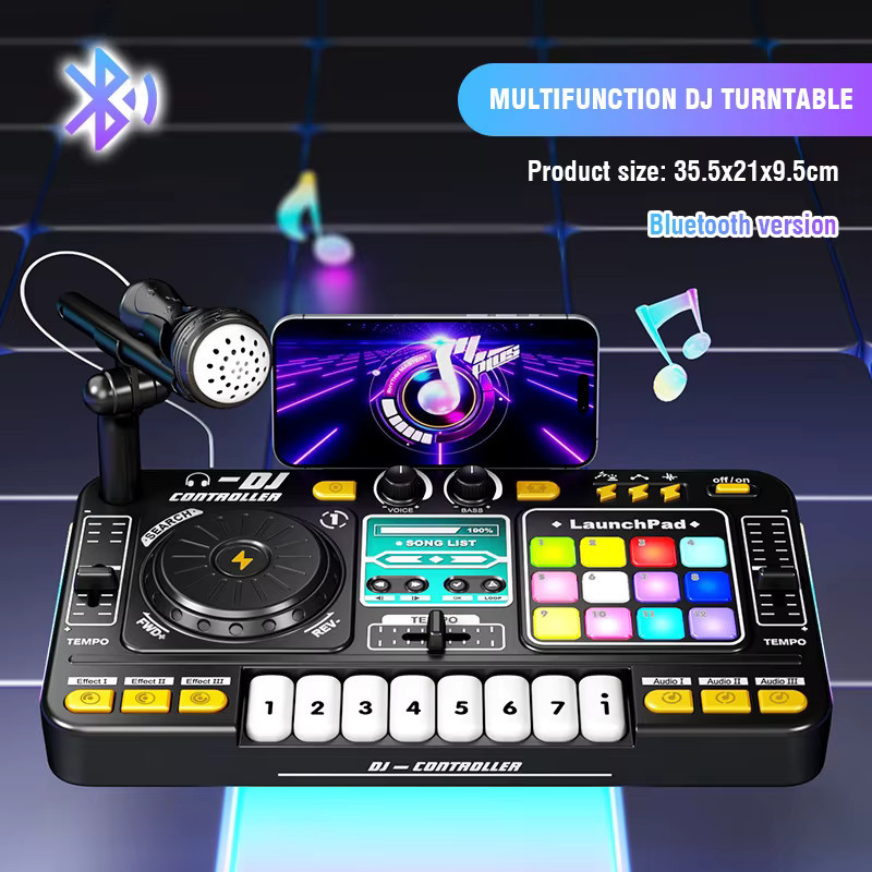 CONUSEA Kid DJ Mixer mit Mikrofon, Elektronische Klavier Tastatur, Bluetooth DJ Plattenspieler Konsole - Bild 5
