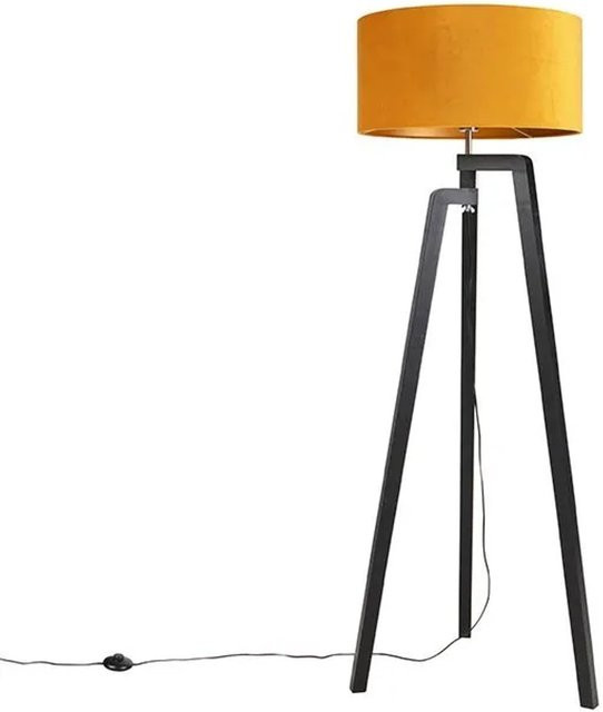 QAZQA Puros Stehlampe Stativ Schwarz mit gelbem Stoffschirm und Gold/Messing Details, Höhe: 145 cm - Bild 1