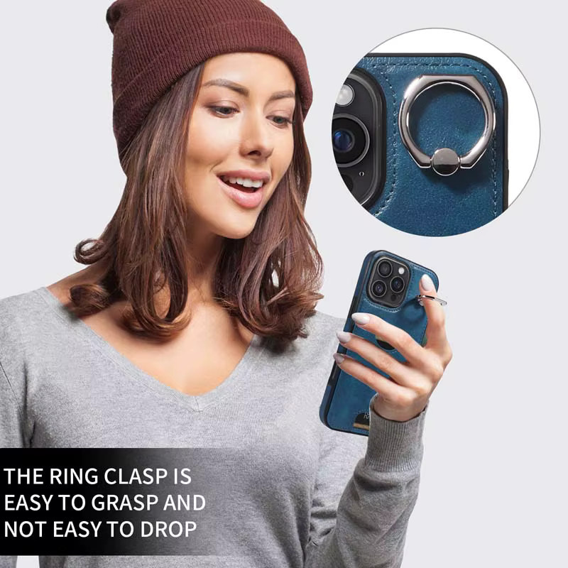 Leder Handyhülle mit Kartenfach und Ring für Apple iPhone 16 15 14 13 12 11 Pro Max XS XR X7 Plus 8 SE 2020 in Schwarz - Bild 5