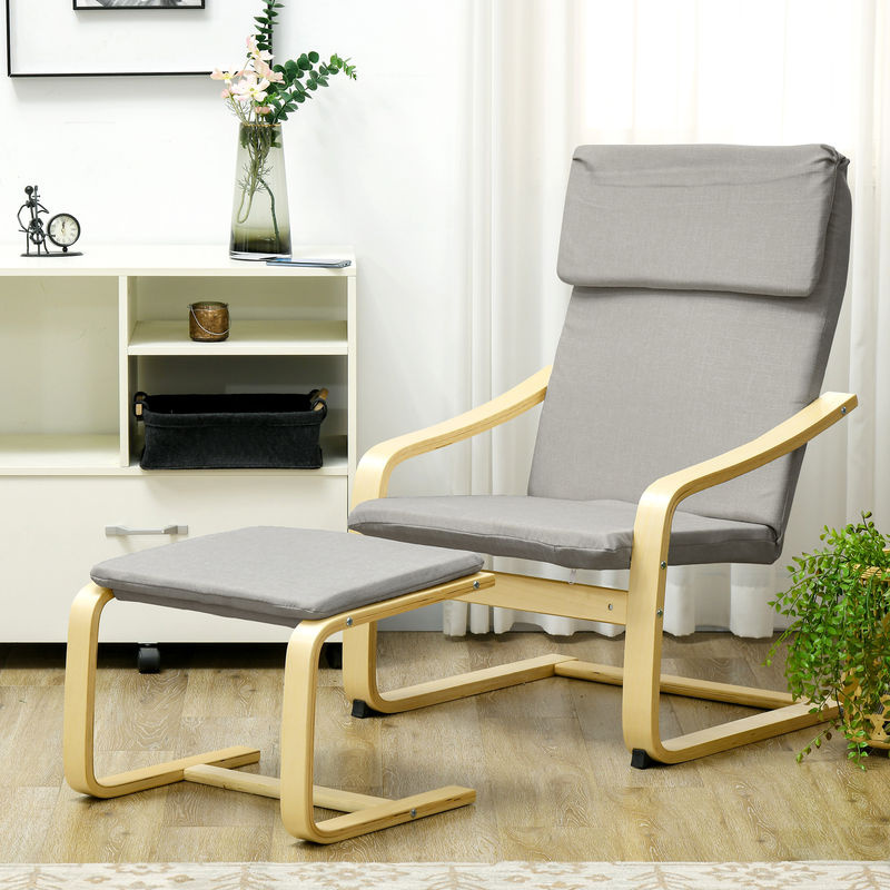 HOMCOM 2er-Set Loungesessel mit Hocker und Armlehnen in Hellgrau, Relaxsessel mit Leinenbezug und Eukalyptus-Holzgestell, B/T/H: 66,5 x 80 x 99 cm - Bild 2