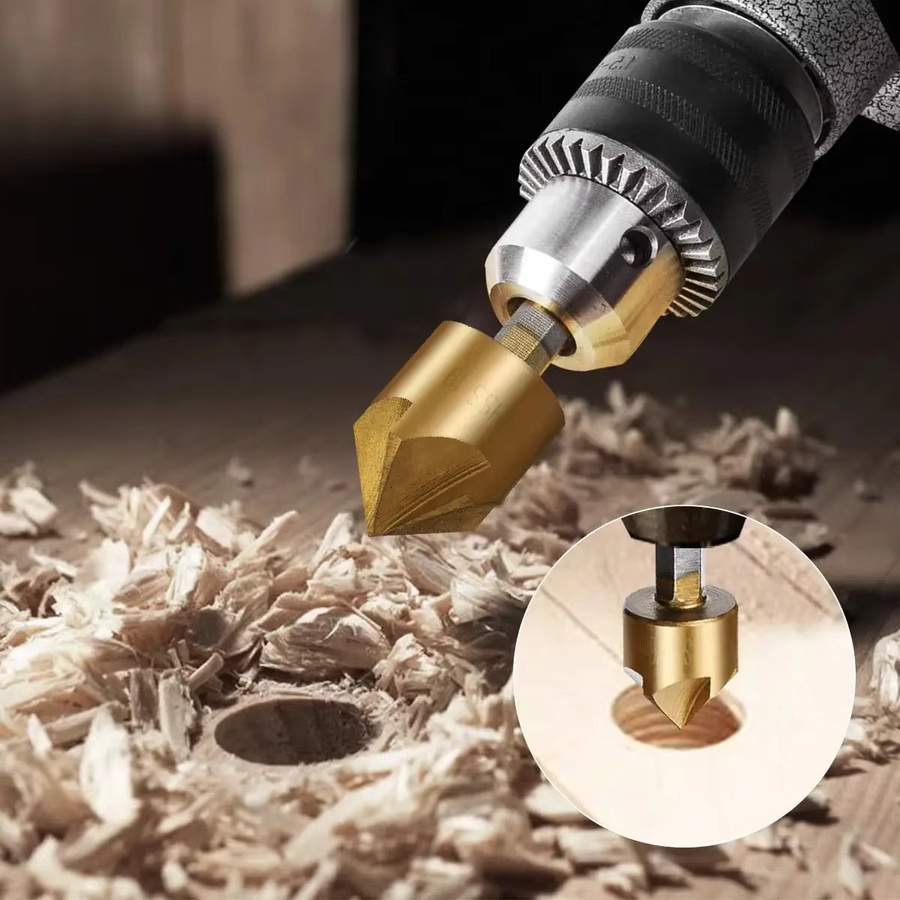 6-teiliges Senkerbohrer-Set von STONEGO aus HSS mit 1/4 Zoll Sechskantschaft und 90-Grad-Kenterstanzfunktion in Gold - Bild 2