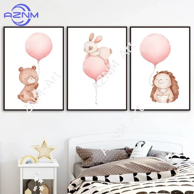 Potdemiel Nordische Wandkunst für das Kinderzimmer als Leinwandgemälde mit Tiermotiven wie Elefant, Hase, Giraffe, Fuchs und Bär - Bild 1