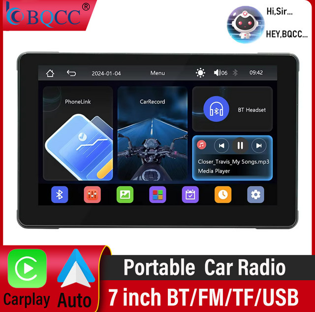 BQCC 7-Zoll Motorrad HD MP5 Fahrrekorder mit Android Auto und CarPlay, wasserdicht IP65, Schwarz - Bild 1