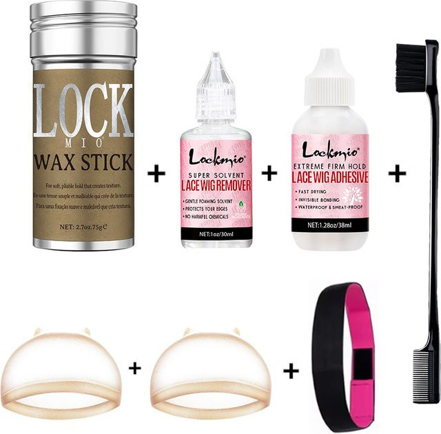 LOCKMIO Perücken-Installationsset mit HD-Perückenkappen, Spitzenkleber, Kleberentferner, Schmelzband, Frontal-Wachsstift & Kantenbürste, Unisex - Bild 1