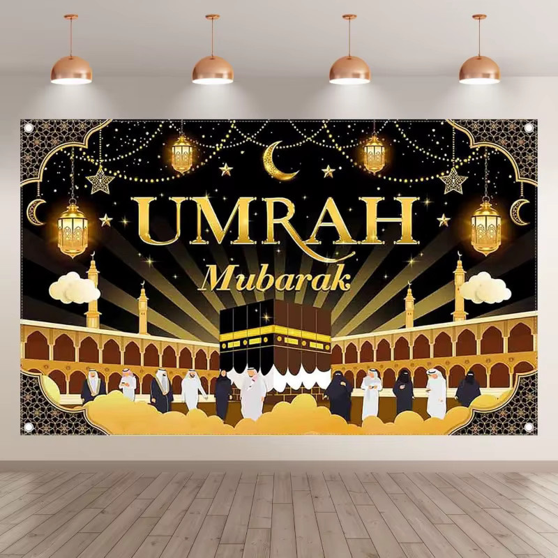 VIKAMA Umrah Mubarak Feierbanner als spirituelle Wanddekoration mit Mond-Motiv in Schwarz - Bild 2
