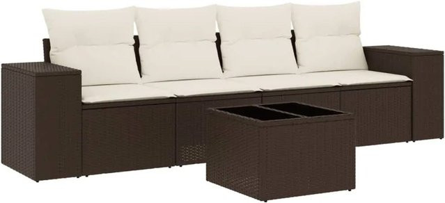 vidaXL 5-teilige Garten-Sofagarnitur aus Poly-Rattan mit Kissen in Braun und Cremeweiß - Bild 1