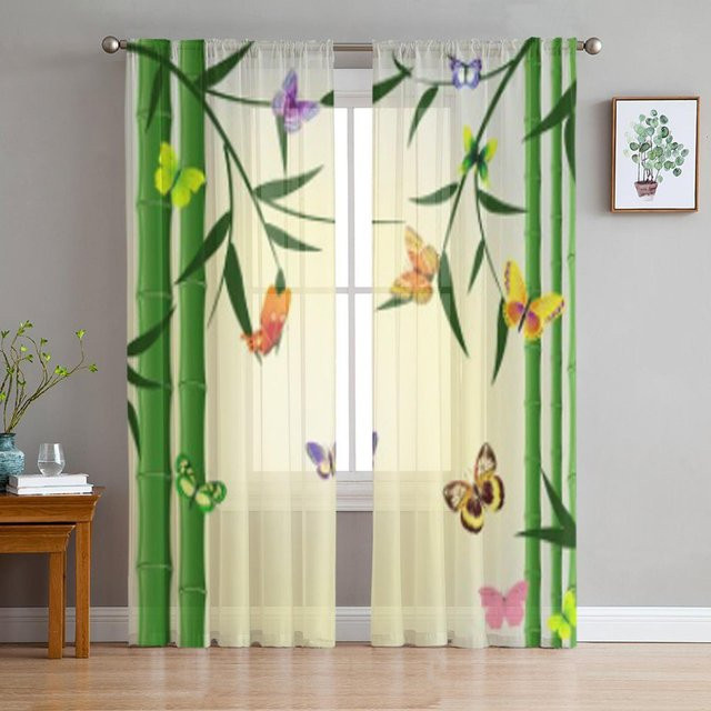Super Six Orientalischer Sheer Vorhang mit Bambus-Schmetterlings-Motiv aus Chiffon, Farbe: Weiß, B: 135 cm, H: 114 cm - Bild 1