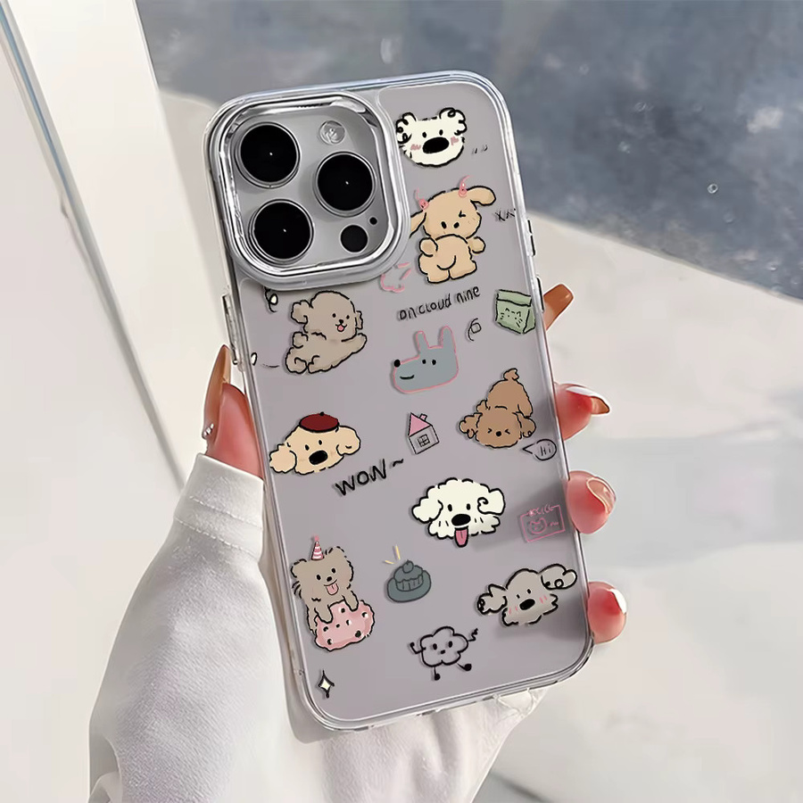 Stoßfeste Softcover Handyhülle mit Cartoon-Teddy-Hund Design für iPhone 11 bis iPhone 17 Pro Max in Silber/Transparent mit Linsenrahmen - Bild 3