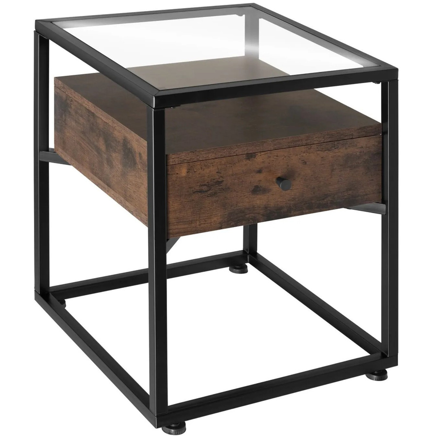 tectake Nachttisch im Industrial Style mit Glasplatte und Schublade aus Holz und Stahl in Braun und Grau, B: 43 cm, T: 45 cm, H: 54,5 cm - Bild 3