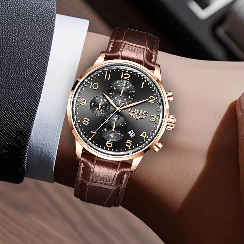 LIGE Chronograph, Quarz, Leder, Schwarz, Herren - Bild 5