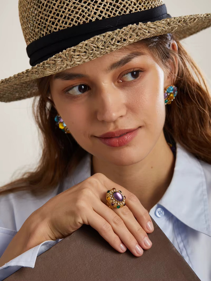 Icareu Ring, lila Glasur, Kristallperle, bunt, oval, goldfarben, Damen - Bild 3