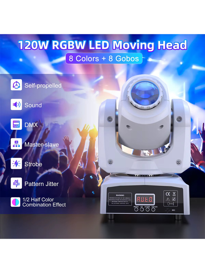 DayFlicker 2er Set RGBW LED Moving Head 120 W in Weiß mit 8 Farben und 8 Gobos sowie DMX512 und Sprachsteuerung - Bild 7