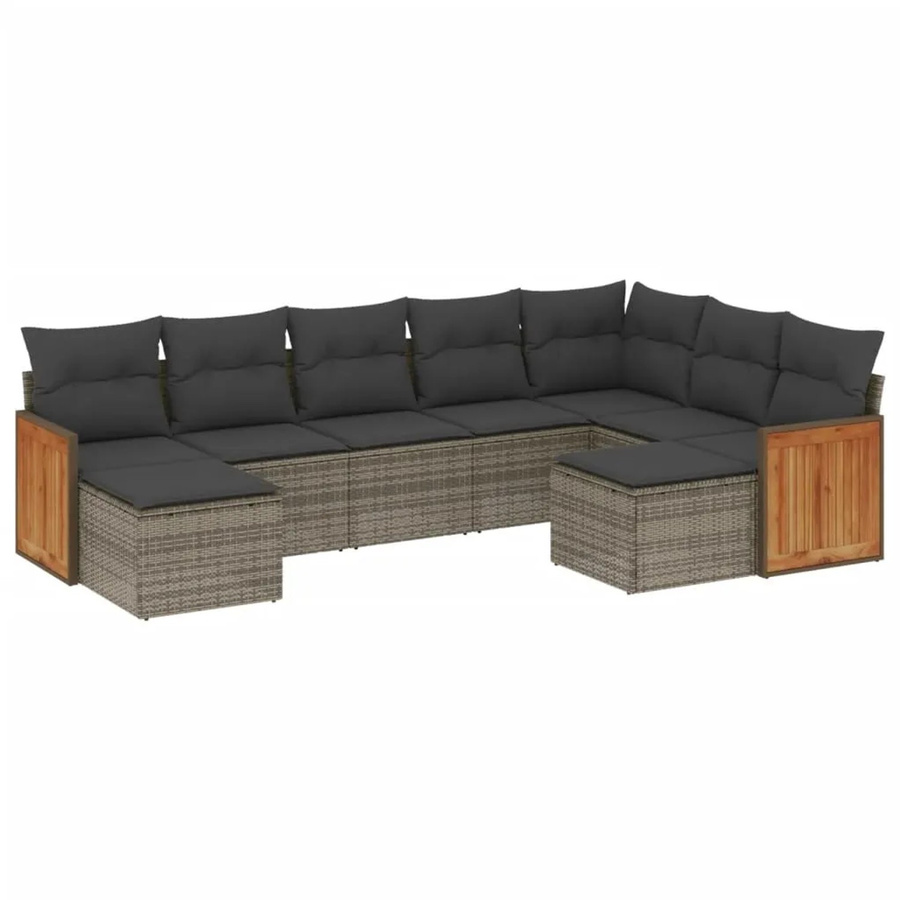 vidaXL 9-tlg Garten-Sofagarnitur in L-Form aus Polyrattan und Akazienholz in Grau mit Kissen - Bild 2