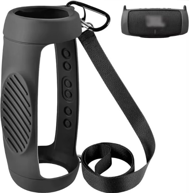 Silikonhülle für JBL Charge 5 Bluetooth-Lautsprecher in Schwarz mit Schultergurt und Karabiner - Bild 1