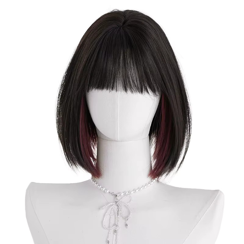 7JHH WIGS Perücke, kurz, glatt, schwarz mit dunkelroten Highlights, Damen - Bild 4