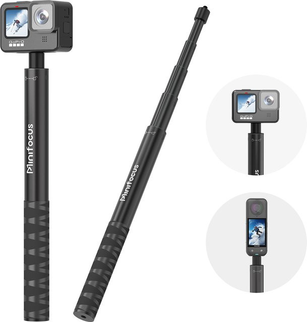 MINIFOCUS Unsichtbarer Selfie-Stick aus Aluminiumlegierung in Schwarz, 45 Zoll ausziehbares Einbeinstativ mit 1/4 Zoll Anschluss für Insta360 X4 X3 X2, DJI Osmo und GoPro Max Kameras - Bild 1