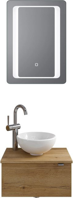 Pelipal Badmöbel-Set Serie 6915 Halifax Eiche mit Waschtischunterschrank, Waschtischplatte, Keramik Aufsatzbecken und Funktionsspiegel mit LED-Beleuchtung und Sensor-Schalter, Farbe Eiche/Weiß - Bild 1