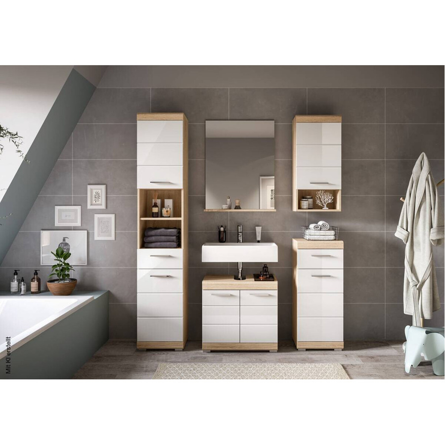 Badezimmer-Set Lambada von xonox.home in Eiche und Weiß Hochglanz, 5-teilige Badkombi mit Waschtischunterschrank, Spiegelschrank und Hochschrank, B/H/T: 164 x 191 x 34 cm - Bild 2