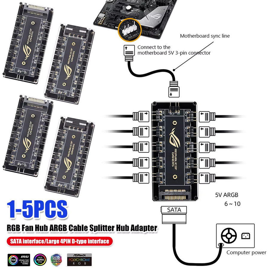 LAIMANEI 10-in-1 RGB-Lüfter-Hub und ARGB-Kabel-Splitter-Adapter für ASRock Motherboards in Schwarz - Bild 2