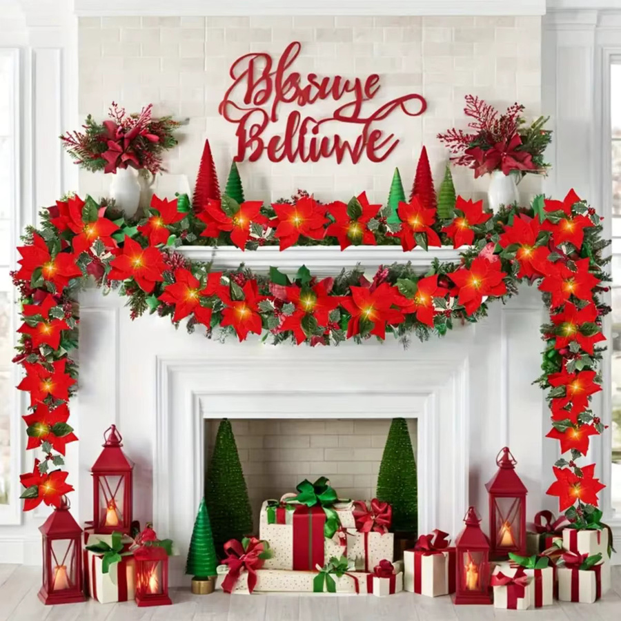 Peach Forest Künstliche Weihnachtsstern-Girlande mit roten Beeren und Stechpalmenblättern in Rot - Bild 5