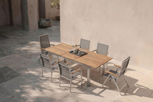 Stern Cardiff Garten-Essgruppe aus Edelstahl und recyceltem Teak in Silber/Silbergrau mit ausziehbarem Tisch und 6 Stühlen - Bild 1