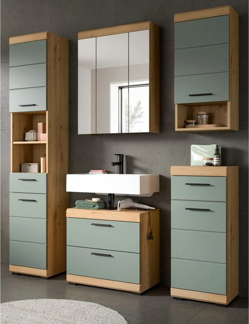 Inn.Furn Badmöbel Set Shawn 5-teilig in Grün und Eiche mit LED-Beleuchtung, Breite: 164 cm - Bild 1