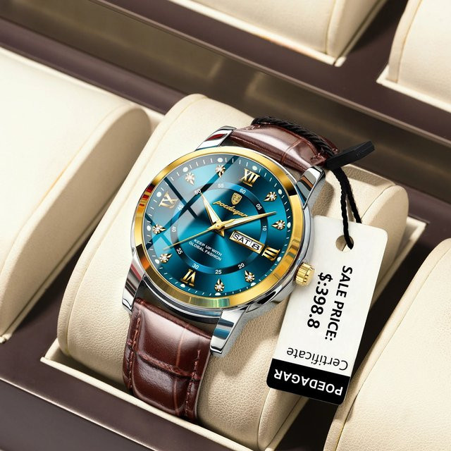POEDAGAR Armbanduhr Quarz, Leder, Blau, Herren, Kalender, Wochentag - Bild 1