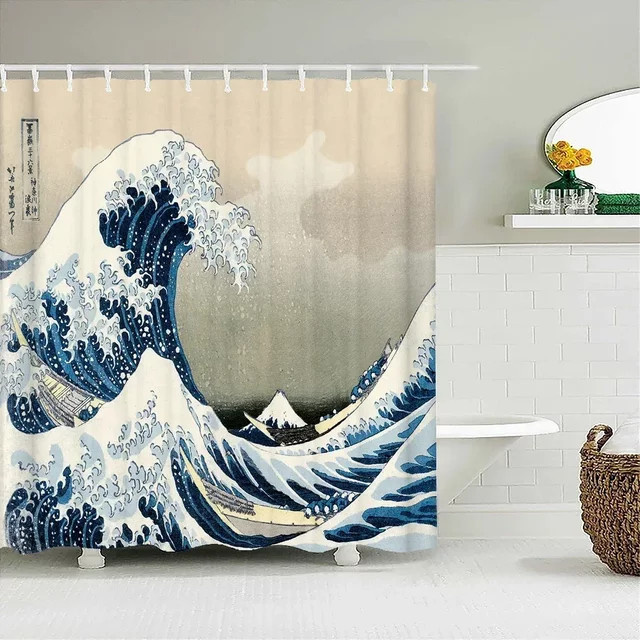 ZZN Duschvorhang mit Wellen-Print im japanischen Stil, wasserdicht, Polyester, Mehrfarbig, B/H: 180 x 180 cm - Bild 1