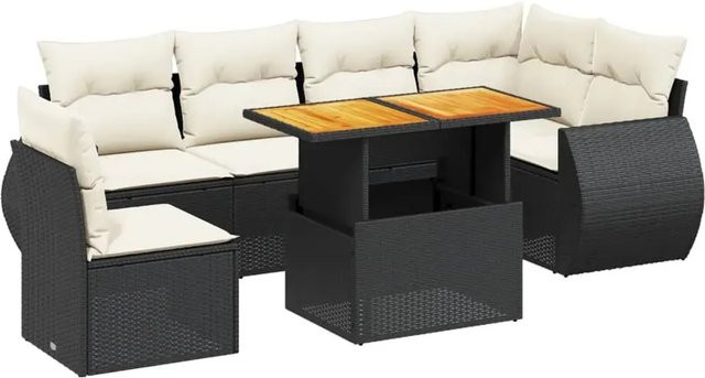 vidaXL 7-teilige Garten-Sitzgruppe in L-Form mit Kissen und Armlehnen, Schwarz - Bild 1