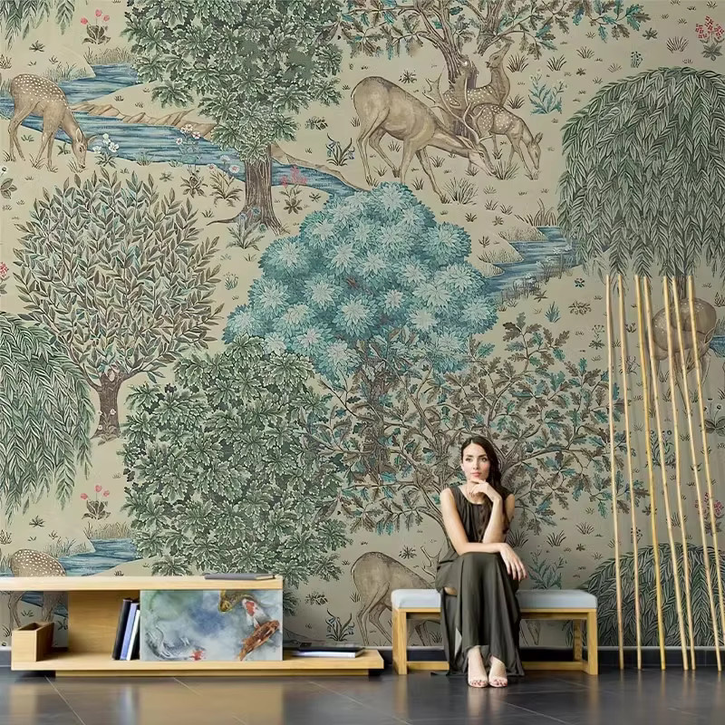 Moderne Wandtapete mit Elch-Motiv in Waldlandschaft als selbstklebender Wandaufkleber für dein Wohnzimmer in Multicolor - Bild 1