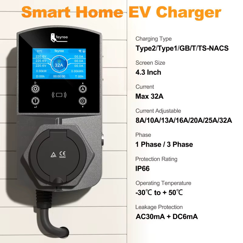 Feyree Typ2 EV-Ladestation Version 22KW Intelligentes Elektroauto-Ladegerät mit WIFI APP-Steuerung für TS-NACS Typ1 GB/T Stecker EVSE Wallbox - Bild 3