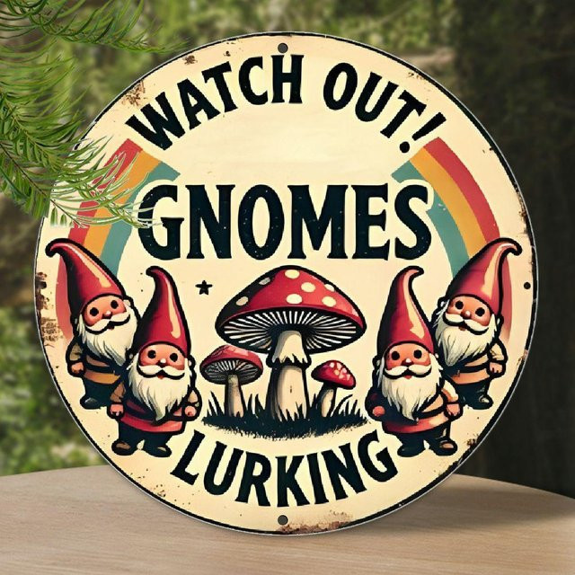 Rundes Aluminium-Wandschild Potdemiel Vintage Uhr raus! Gnomes Lurking mit skurrilem Zwergen-Design und Pilz, Durchmesser: 20,3 cm - Bild 1