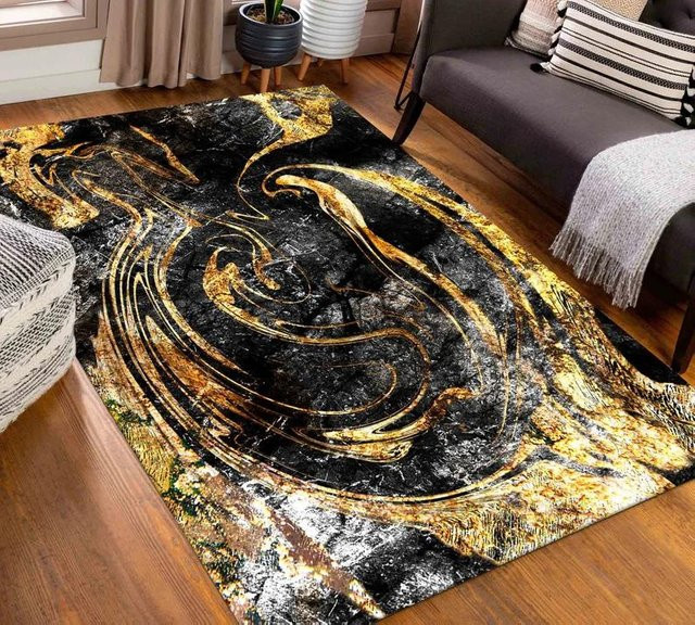 Moderner Luxusteppich Lodestar in Blau und Gold mit Marmor-Design, B/T: 120 x 160 cm - Bild 1