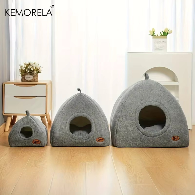 KEMORELA 2-in-1 Katzenhaus-Zelt für den Innenbereich mit weichem, abnehmbarem Kissen in Weiß und Grau - Bild 1