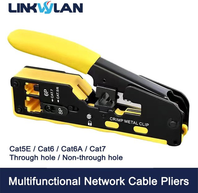 Linkwylan Crimpzange für Pass-Through-Modularstecker Cat5 Cat6 Cat7 in Gelb - Bild 1