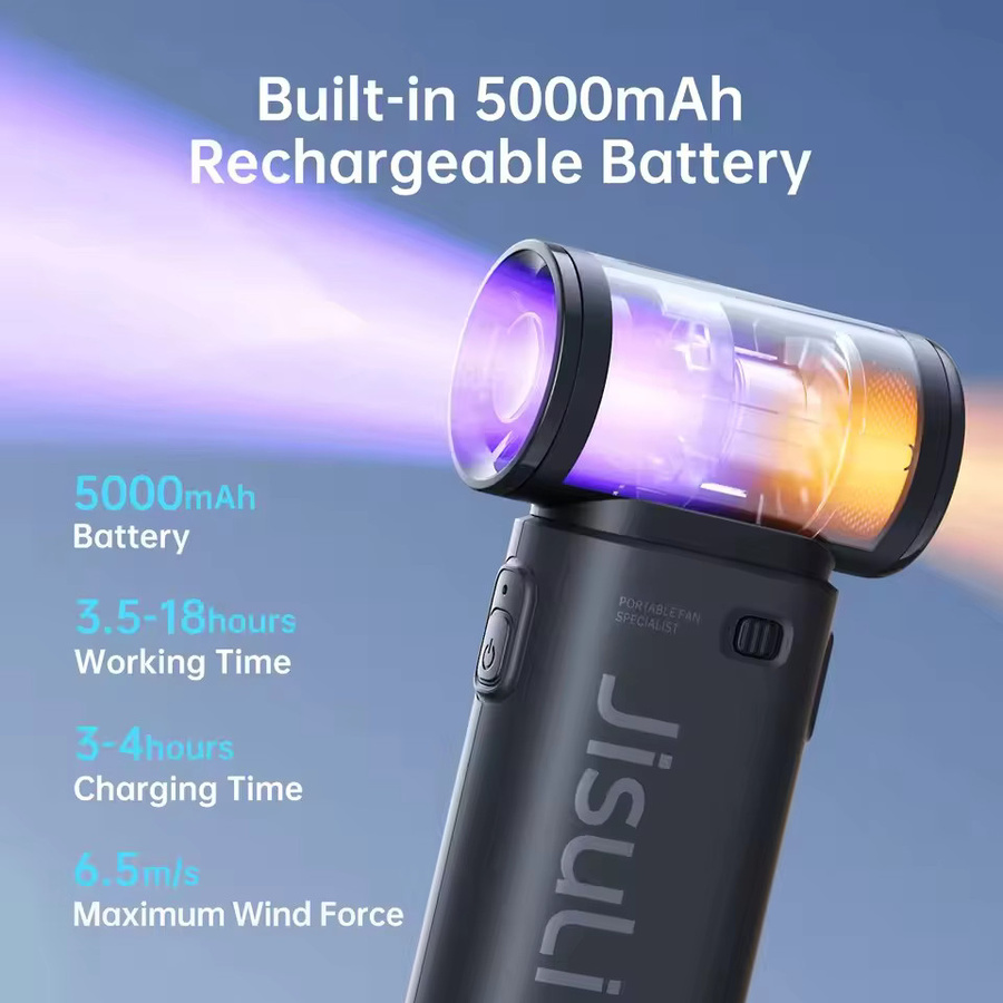 JISULIFE Life9 Handventilator mit Turbofunktion, 5 Geschwindigkeitsstufen, 5000mAh Akku, USB-aufladbar, Schwarz - Bild 2