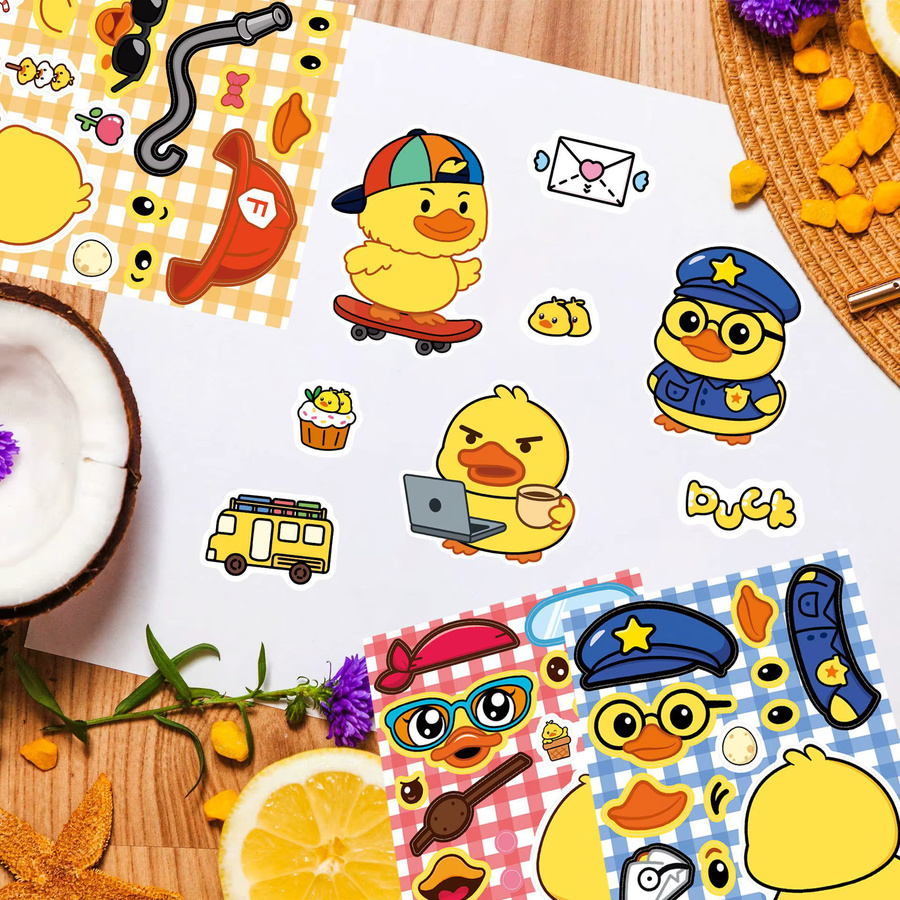 Niedliche gelbe Enten Puzzle-Aufkleber mit wechselbaren Gesichtern, wasserfeste Cartoon-Schreibwaren-Sticker für DIY-Projekte - Bild 3