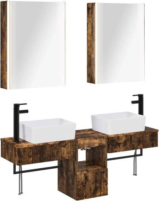 vidaXL Badezimmerschrank-Set aus 5 Teilen in Geräucherte Eiche, modern mit LED-Beleuchtung und Spiegelschrank, B/T/H: 53 x 15,5 x 70 cm - Bild 1
