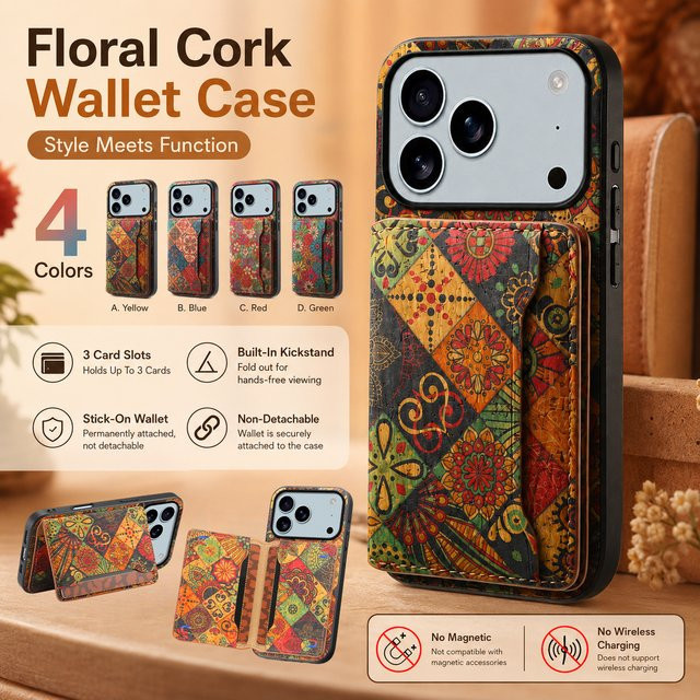 Denior Handyhülle aus Kork mit Blumenmuster und Kartenfach für iPhone 17/16/15/14/13/12/11 Pro Max/Xs Max/XR/X in Grün/Mehrfarbig - Bild 1