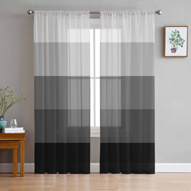 Transparente Vorhänge mit Streifen-Farbverlauf in Grau von Household supplies MH aus Tüll-Organza, Breite: 135 cm, Höhe: 160 cm - Bild 1