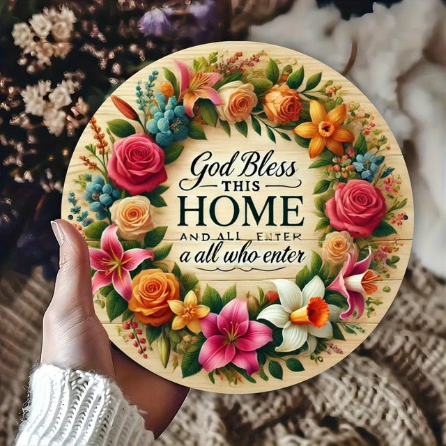 Potdemiel Rundes Metallschild God Bless This Home in Multicolour mit Floralem Design, Durchmesser: 20,32 cm - Bild 1